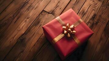 AI generated a red wrapped present sitting on top of a wooden floor photo