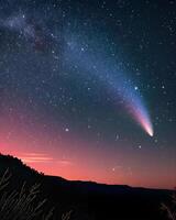 ai generado un brillante cometa es visto en el noche cielo foto