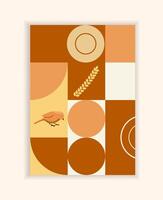 Vector autumn cover notebook. Graphic Background with wheat, bird. Brown, beige autumn colors.