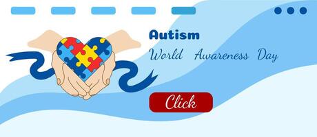 Horizontal Border World Autism Awareness Day. Vector banner with puzzle heart in hands, blue ribbon. Frame for theme of autism, health, support. Design for websites, print, postcards, covers, posters.