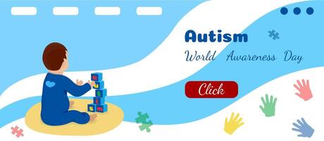 Horizontal Border World Autism Awareness Day. Vector banner Baby play with blocks letters autism, palms, puzzles. Theme of autism, health, support. Design for website, print, postcard, cover, posters.