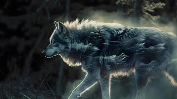 ai generado un Pareja de lobos caminando mediante un bosque foto