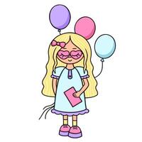 pequeño niña con globos linda niña va a un cumpleaños fiesta y se esconde globos detrás su. ilustración para impresión, antecedentes, tarjetas, carteles y pegatinas aislado en blanco antecedentes. vector