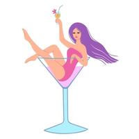 girl in glass of cocktail. Woman relaxing in summer, on party. Illustration for backgrounds and packaging. Image can be used for cards, posters and stickers. Isolated on white background. vector