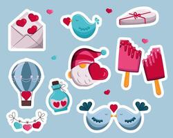 A set of bright, cute stickers for Valentine's Day. vector