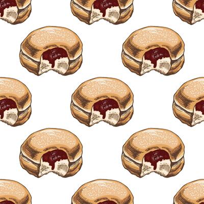 Seamless pattern of a traditional German or Polish donut with jam, dusted. Hand drawn sketch. Vintage illustration. Pastry sweets, dessert. Element for the design of labels.
