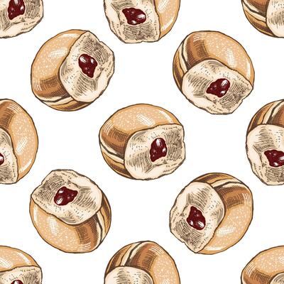 Colored seamless pattern of a traditional German or Polish donut with jam, dusted. Hand-drawn sketch. Vintage illustration. Pastry sweets, dessert.