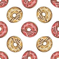 Colored seamless pattern of donuts. Hand drawn doughnut sketch. Vintage illustration. Pastry sweets, dessert. Element for the design of labels, packaging. vector