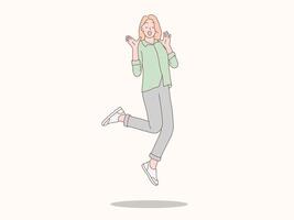 ilustración de mujer saltando y sonriente vector