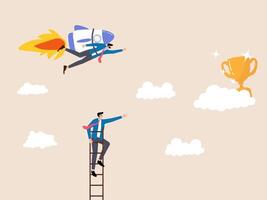 One rocket, one ladder grab the trophy.comparison of ambitious and traditional approaches to achieve the highest business achievements, one goes high on a rocket, one climbs the ladder to the goal. vector