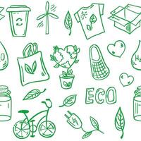 Ecology seamless pattern. Hand-drawn doodle vector illustration. Ecology problem, recycling and green energy icons. Environmental symbols.