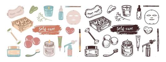 A set of hand-drawn colored and outline doodle sketches of cosmetics, beauty, self-care elements.  Illustration for beauty salon, cosmetic store, makeup design. Flat design. vector
