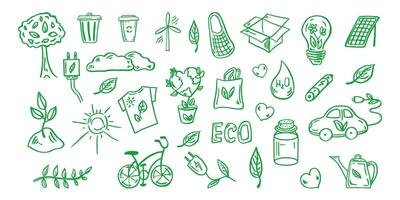 Set of ecology. Hand-drawn doodle vector illustration. Ecology problem, recycling and green energy icons. Environmental symbols.