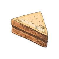 Hand-drawn colored vector sketch of a piece of sandwich. Doodle vintage illustration. Decorations for the menu of cafes and labels. Engraved image.