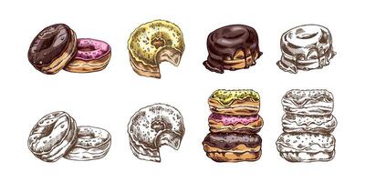 A set of hand-drawn colored and monochrome sketches of donuts. Vintage illustration. Pastry sweets, dessert. Element for the design of labels, packaging and postcards. vector