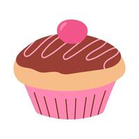 vanilla cupcake with chocolate glaze and cherry on top, food vector illustration, baked sweets, flat style muffin