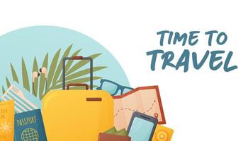 hora a viaje bandera diseño, ilustración con pasaporte, boleto, maleta, billetera, modelo para sitio web, turismo, vacaciones antecedentes vector