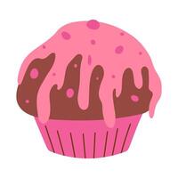chocolate muffin with chocolate pink glaze, food vector illustration, baked sweets, flat style muffin