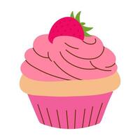 vanilla cupcake with pink whipped cream and strawberry on top, food vector illustration, baked sweets, flat style muffin