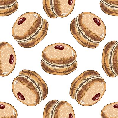 Colored seamless pattern of a traditional German or Polish donut with jam, dusted. Hand-drawn sketch. Vintage illustration. Pastry sweets, dessert.