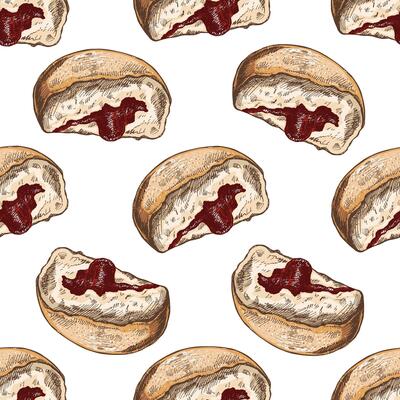 Seamless pattern of a traditional German or Polish donut with jam, dusted. Hand drawn sketch. Vintage illustration. Pastry sweets, dessert. Element for the design of labels.