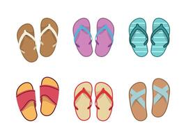 Vector summer slippers set, flat design. Vietnamese flip flops on white background. Vietnamese slates shoes for beach. Flip flops summer shoes illustration, view from above.