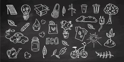 conjunto de ecología. dibujado a mano garabatear vector ilustración en pizarra antecedentes. ecología problema, reciclaje y verde energía iconos ambiental simbolos