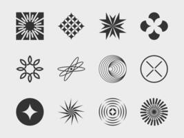 abstract collection 8 graphic geometric symbols and objects in y2k style. Templates for notes, posters, banners, stickers, business cards, logo. vector