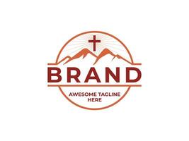 Vintage Mountain with Cross Religion Logo Design vector