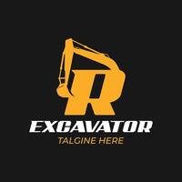 R logo excavator for construction company. Heavy equipment template vector illustration for your brand.