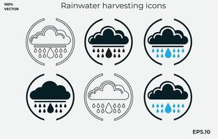 Set of line art and vector icons for rainwater harvesting