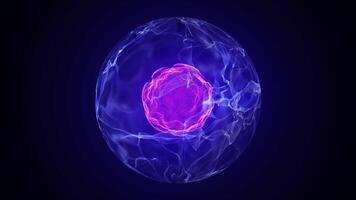 Futuristic abstract 3D soft smoke sphere of a glowing pink-blue atom. Animated background, gradient shiny neon energy core, atomic nucleus explosion. 4k, 60fps video loop.