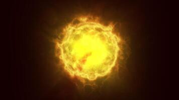 Burning 3D fireball effect on dark background. swirling flames and plasma within the sphere. Close-up of the sun's surface with solar flares. Ultra HD, 4K, 60fps video