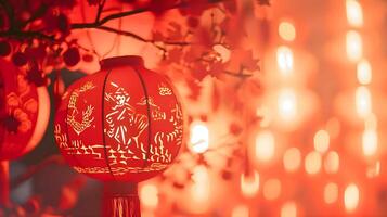 AI generated a red paper lantern is hanging from a tree photo