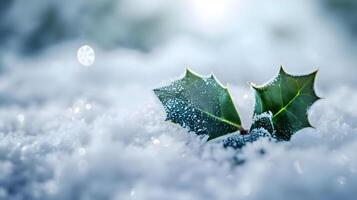 ai generado dos verde hojas sentado en parte superior de nieve cubierto suelo foto