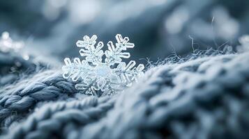 ai generado un cerca arriba de un copo de nieve en un cuerda foto