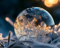 ai generado un cristal pelota sentado en parte superior de nieve cubierto suelo foto