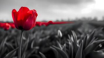 ai generado un soltero rojo tulipán en un negro y blanco campo foto