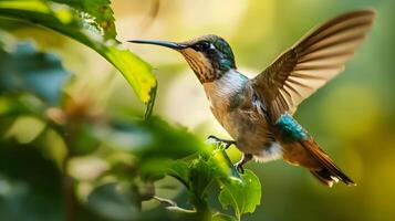 ai generado un colibrí perchas en un rama de un árbol foto