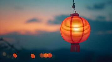 AI generated a red lantern hanging from a wire in front of a sunset photo