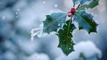 ai generado un cerca arriba de un acebo con nieve en eso foto