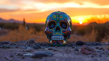 AI generated a colorful skull statue sitting in the middle of a field photo