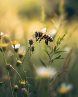 AI generated a bee flying over a flower in a field photo