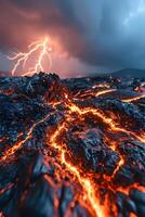 AI generated a lightning bolt hitting over a lava covered in lava photo
