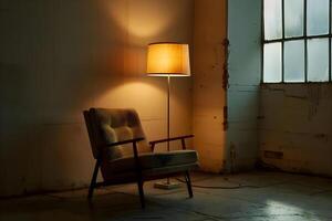 AI generated a chair and a lamp in a dimly lit room photo