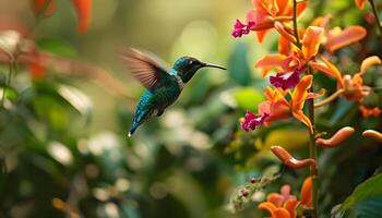 ai generado un colibrí volador cerca un manojo de flores foto