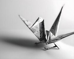 ai generado un pequeño origami pájaro sentado en parte superior de un mesa foto