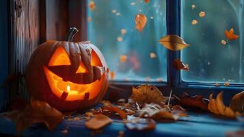 AI generated a jack o lantern pumpkin sitting on a window sill photo