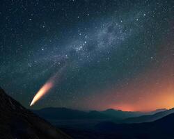 ai generado un cometa es visto en el noche cielo foto