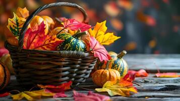 AI generated a basket filled with lots of colorful fall leaves photo